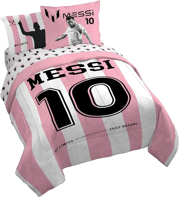 Elegant Jay Franco Kids Comforter Set Includes Sheets and Pillow Covers – Soft and Cozy Bed Set for Stylish Room Decor Licensed Bedding Pink – Messi 7 Piece Queen Prestigious