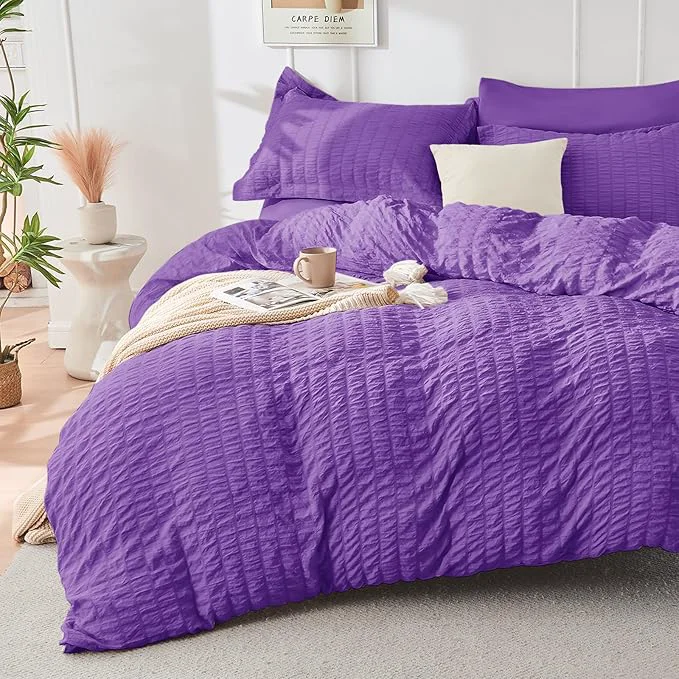 Fashionable HYMOKEGE Dark Purple Duvet Cover Queen Size Ultra Soft 3-Piece Seersucker Duvet Cover Set with Zipper Closure Soft Brushed Microfiber Bedding Set with 8 Corner Ties 90 quot x90 quot 2 Pillowshams Easy-to-Use