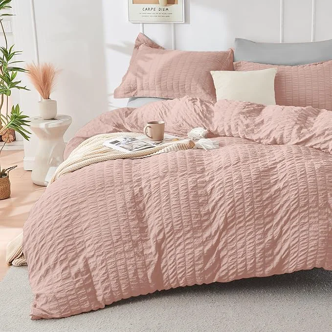 Advanced HYMOKEGE Rose Gold Light Grey Duvet Cover King Size Ultra Soft 3-Piece Seersucker Duvet Cover Set with Zipper Closure Soft Brushed Microfiber Bedding Set with 8 Corner Ties 104 quot x90 quot 2 Pillowshams Artisan