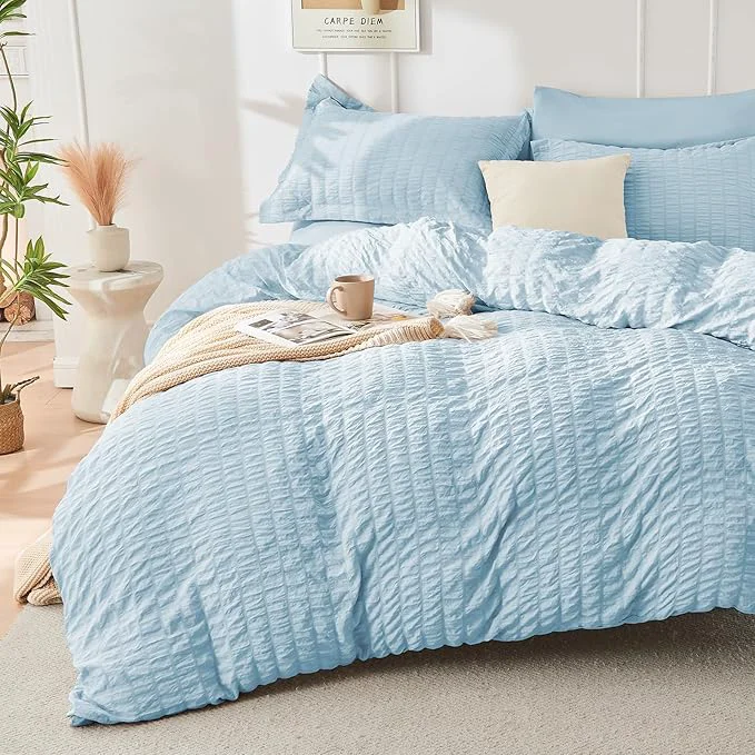 Sophisticated HYMOKEGE Lake Blue Duvet Cover Queen Size Ultra Soft 3-Piece Seersucker Duvet Cover Set with Zipper Closure Soft Brushed Microfiber Bedding Set with 8 Corner Ties 90 quot x90 quot 2 Pillowshams Lightweight