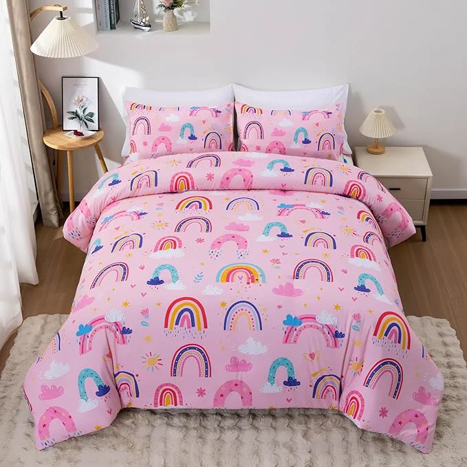 Eco-Friendly Btargot Lightweight Soft 3 Piece Rainbow Comforter Set with 2 Pillow Covers Cartoon Love Hearts Suns and Stars Bedding Set for Girls Boys Kids Full Light Pink Long-Lasting