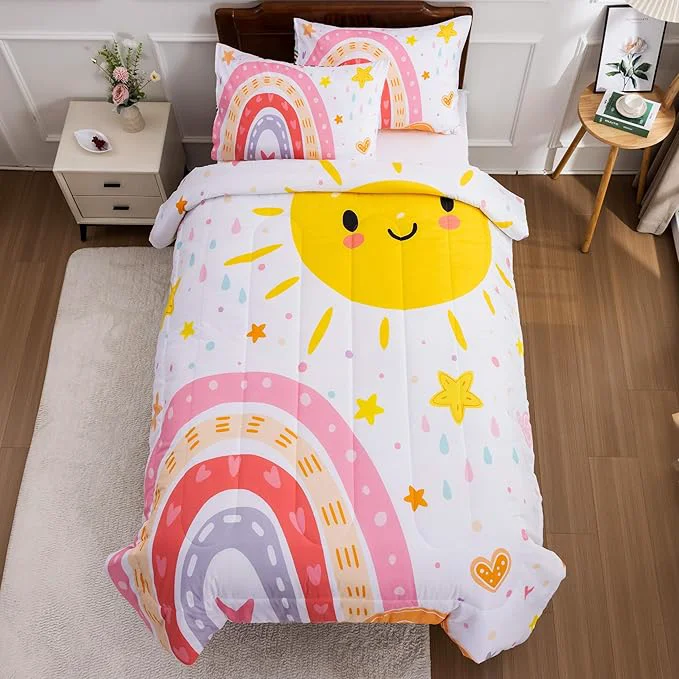 Original Design Btargot Lightweight Soft 3 Piece Rainbow Comforter Set with 2 Pillow Covers Cartoon Love Hearts Flowers and Sun Star Bedding Set for Girls Boys Kids Twin Pink Premium