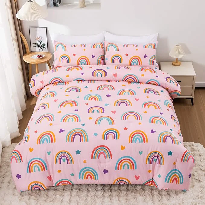 Natural Btargot Lightweight Soft 3 Piece Rainbow Comforter Set with 2 Pillow Covers Cartoon Love Hearts Flowers and Sun Moon Star Bedding Set for Girls Boys Kids Twin Blush Proven