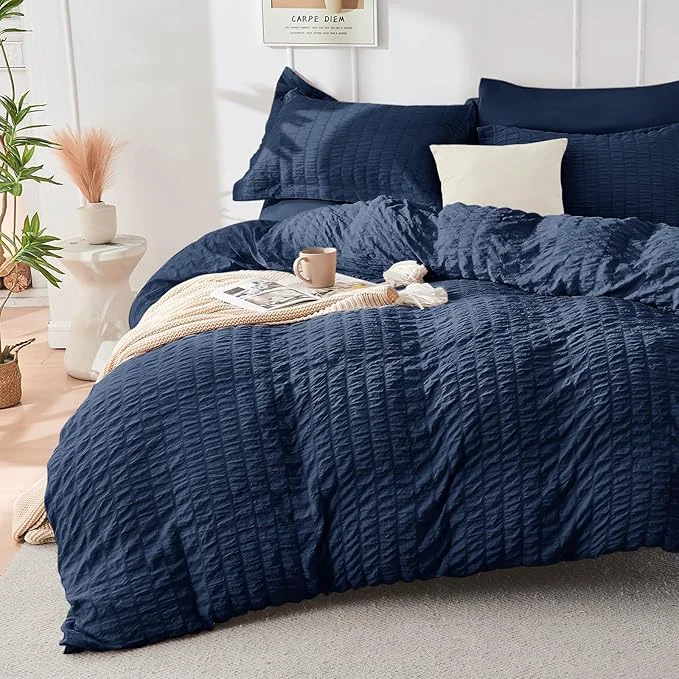 First-Class HYMOKEGE Navy Blue Twin Size Duvet Cover Ultra Soft 2-Piece Seersucker Duvet Cover Set with Zipper Closure Soft Brushed Microfiber Bedding Set with 8 Corner Ties 68 quot x90 quot 1 Pillowshams High-Grade