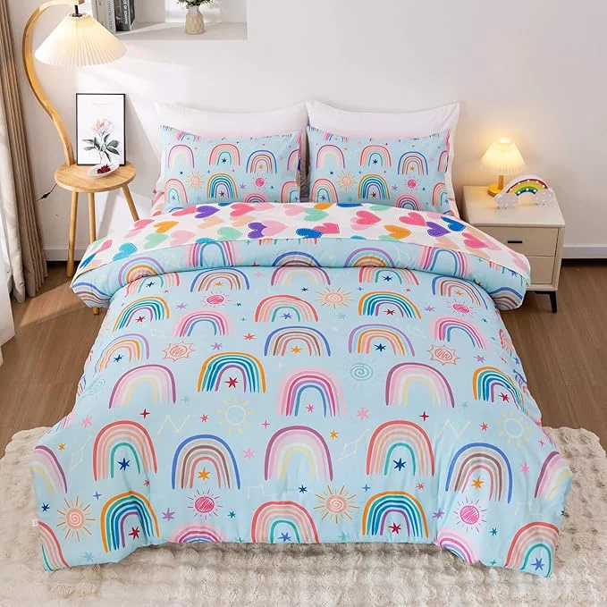 Traditional Btargot Lightweight Soft 3 Piece Rainbow Comforter Set with 2 Pillow Covers Cartoon Love Hearts Suns and Stars Bedding Set for Girls Boys Kids Queen Light Blue Selected