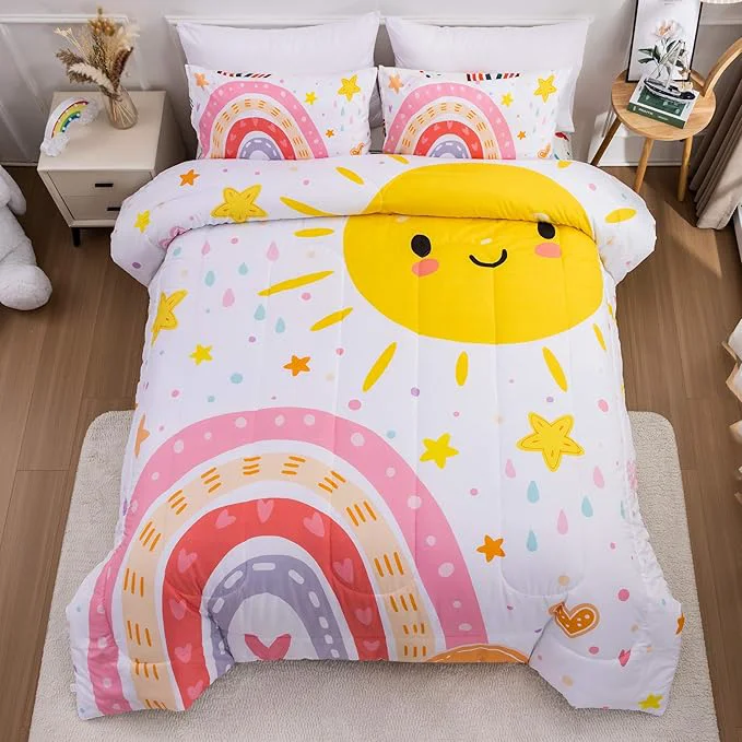 World-Class Btargot Lightweight Soft 3 Piece Rainbow Comforter Set with 2 Pillow Covers Cartoon Love Hearts Flowers and Sun Star Bedding Set for Girls Boys Kids Queen Pink Stylish