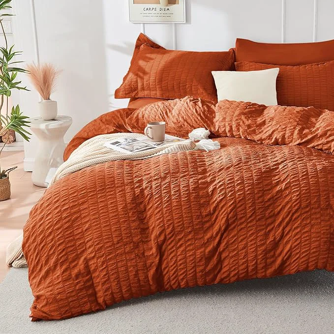 Healthy HYMOKEGE Burnt Orange Duvet Cover Queen Size Ultra Soft 3-Piece Seersucker Duvet Cover Set with Zipper Closure Soft Brushed Microfiber Bedding Set with 8 Corner Ties 90 quot x90 quot 2 Pillowshams Organic