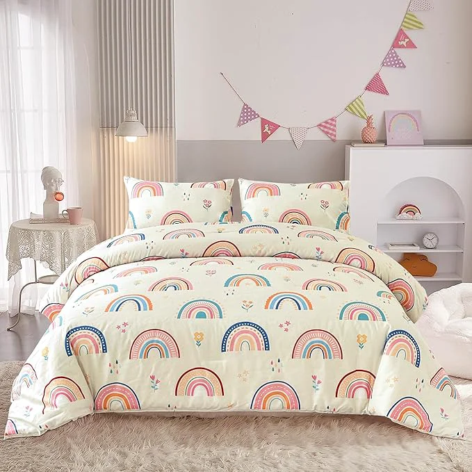 Versatile Btargot Lightweight Soft 3 Piece Rainbow Comforter Set with 2 Pillow Covers Cartoon Love Hearts Flowers and Grass Bedding Set for Girls Boys Kids Queen Multi-Color Eco-Friendly