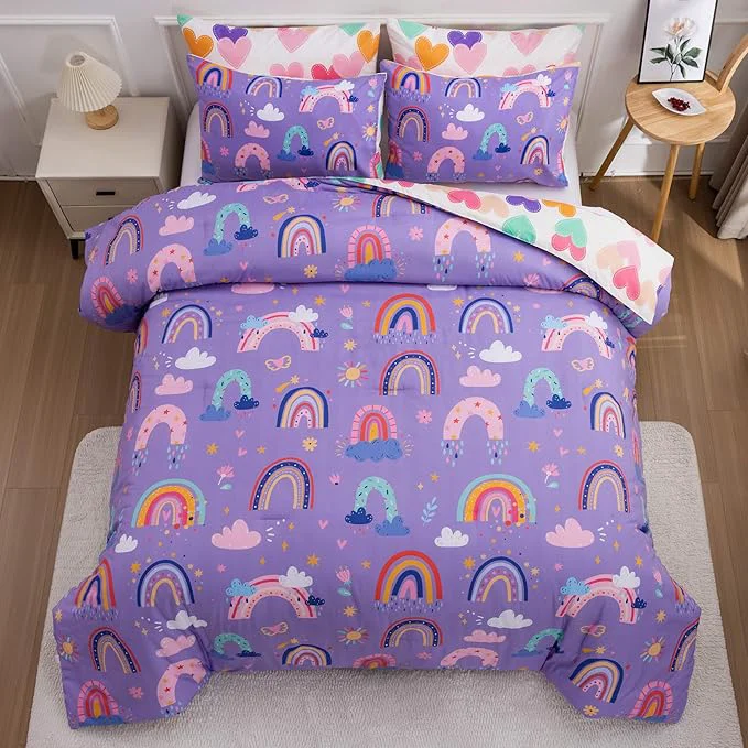 Unique Btargot Lightweight Soft 3 Piece Rainbow Comforter Set with 2 Pillow Covers Cartoon Love Hearts Flowers and Sun Star Bedding Set for Girls Boys Kids Queen Dark Purple Professional