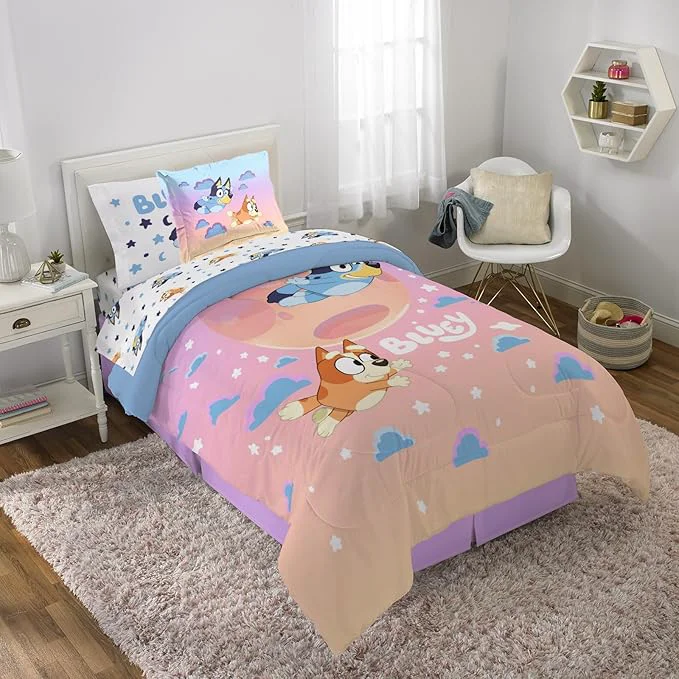 Certified Jay Franco Bluey amp Bingo Twin Comforter Set – 5 Piece Bed Set Includes Sheet Set amp Pillow Covers – Super Soft Clouds amp Stars Kids Bedding Enhanced