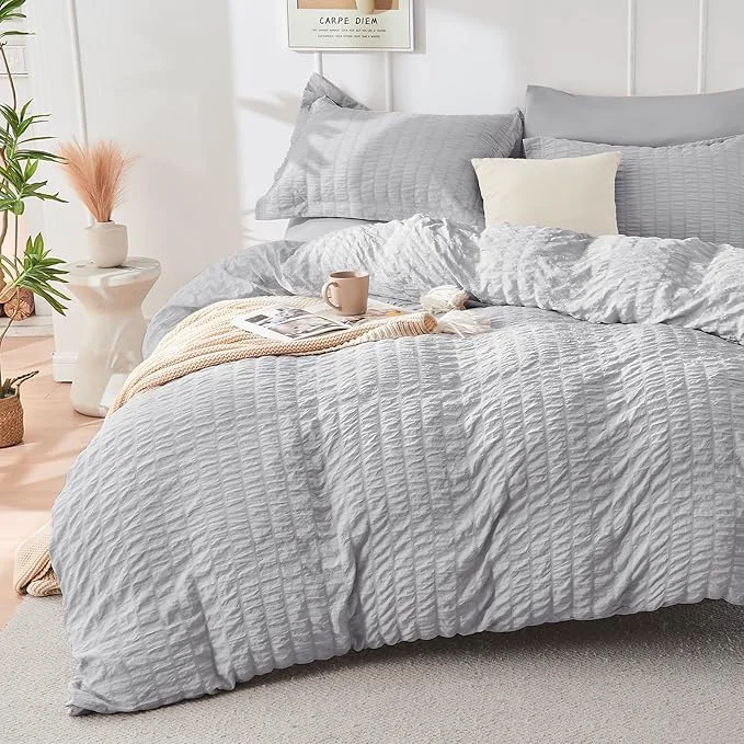 Pure HYMOKEGE Light Grey Duvet Cover Full Size Ultra Soft 3-Piece Seersucker Duvet Cover Set with Zipper Closure Soft Brushed Microfiber Bedding Set with 8 Corner Ties 80 quot x90 quot 2 Pillowshams Luxury