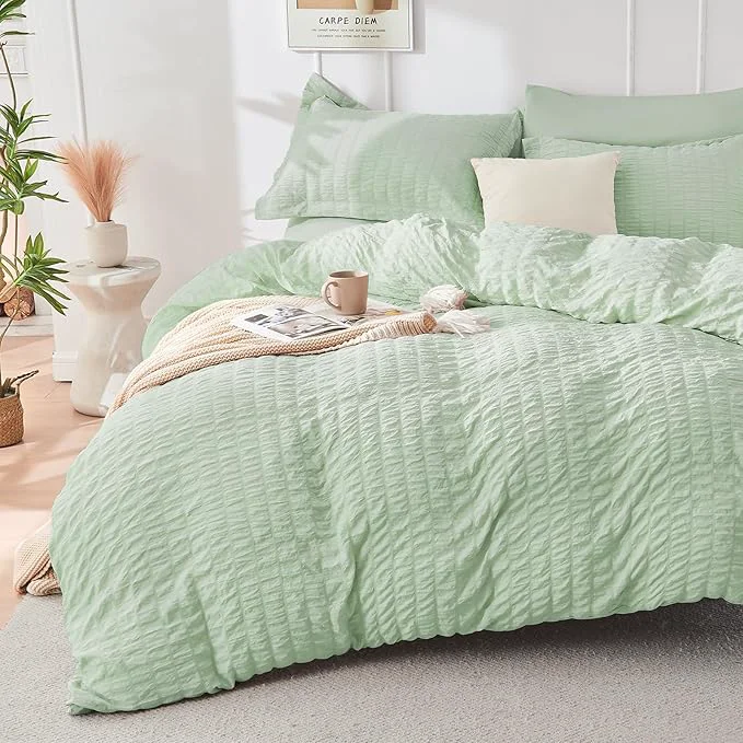 Trusted HYMOKEGE Light Green Duvet Cover King Size Ultra Soft 3-Piece Seersucker Duvet Cover Set with Zipper Closure Soft Brushed Microfiber Bedding Set with 8 Corner Ties 104 quot x90 quot 2 Pillowshams