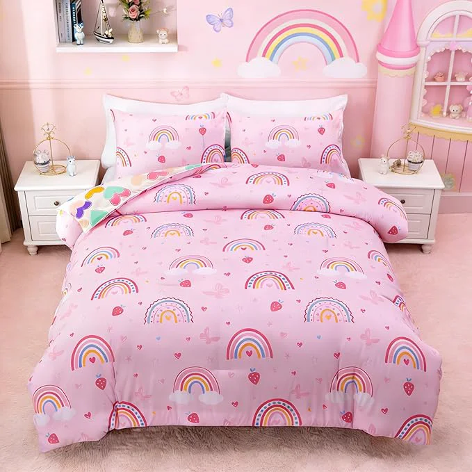Elite Btargot Lightweight Soft 3 Piece Rainbow Comforter Set with 2 Pillow Covers Cartoon Butterfly Leaves Flowers Bedding Set for Girls Boys Kids Twin Pink Prestigious