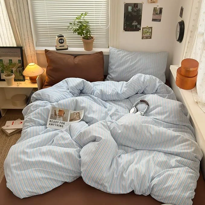 Modern Striped Comforter Set Queen Size Blue Red White Stripes Pattern Bedding Set for All Seasons Soft Fluffy Down Comforter 3 Pieces Microfiber 2 Pillowcases Optimized