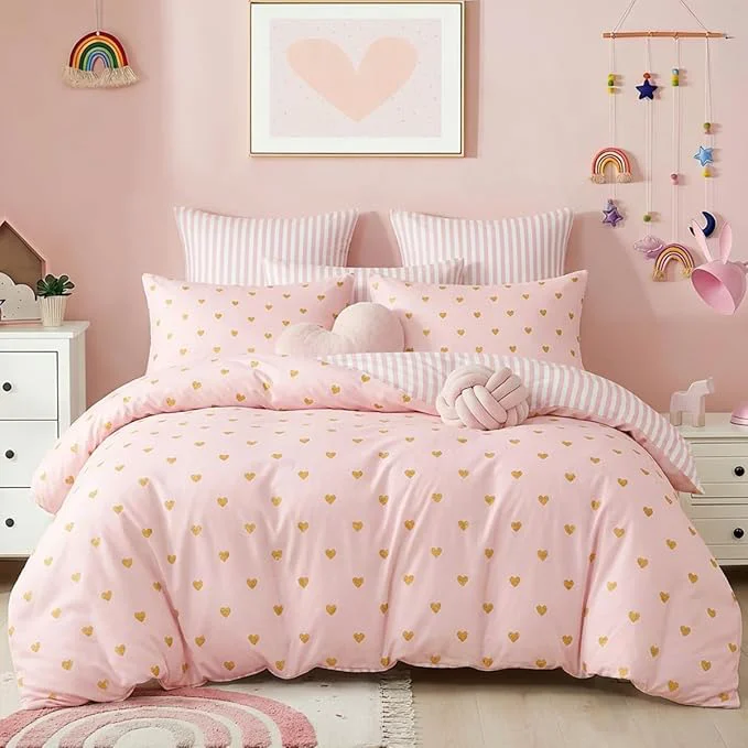 Official Pink Comforter Set Queen Gold Heart Bedding Set for Girls Kids Reversible Pink White Wide Striped Design Cute Coquette Comforter 3 Pieces with 2 Pillowcases Soft Microfiber Recyclable