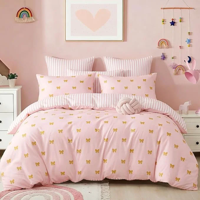 Elite Pink Comforter Set Full Gold Bow Bedding Set for Girls Kids Reversible Pink White Wide Striped Pattern Coquette Comforter 3 Pieces with 2 Pillowcases Soft Microfiber Healthy