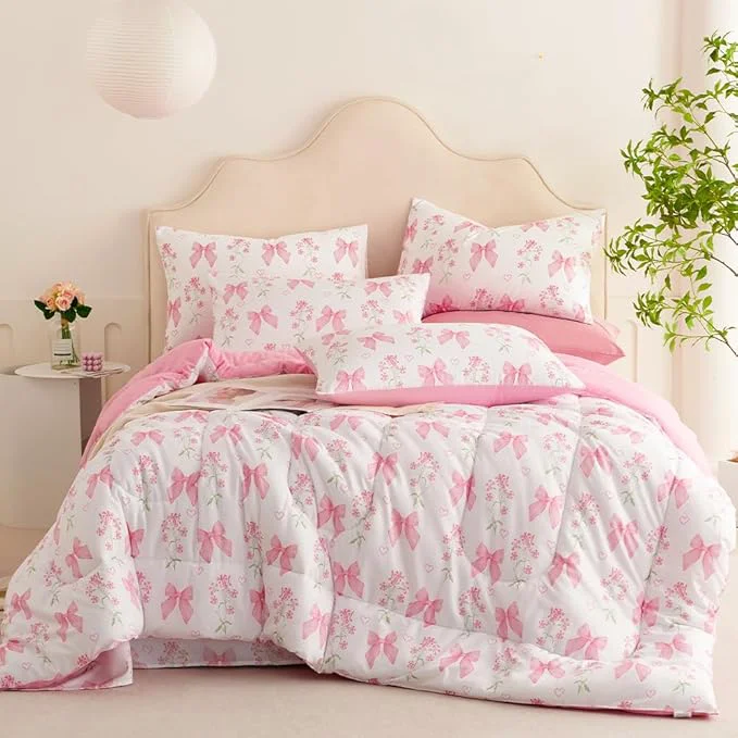 Stylish Pink Bow Comforter Set Full Size Pink Floral Comforter for Girls Kids Romantic Princess Style Bowknot Bedding Set Ultra Soft Reversible Garden Flower Comforter Sets with 2 Pillowcases 3Pcs User-Friendly