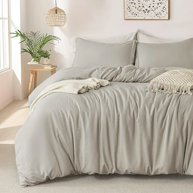Fine MILDLY Super Soft Duvet Cover – Washed Microfiber Linen Grey Comforter Cover Set 3 Pieces with Zipper Closure amp Corner Ties No Comforter Relaxed