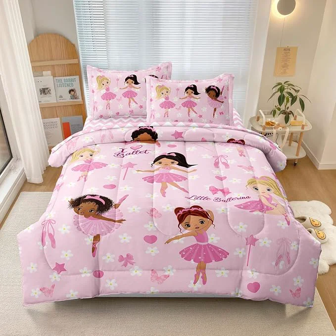 Fashionable Twin Bedding Set for Girls Kids 5 Pieces Comforter Sets Bed in a Bag Pink Floral Ballerina Bedding Comforter Sheet Set Cute Bedroom Decor High-Performance