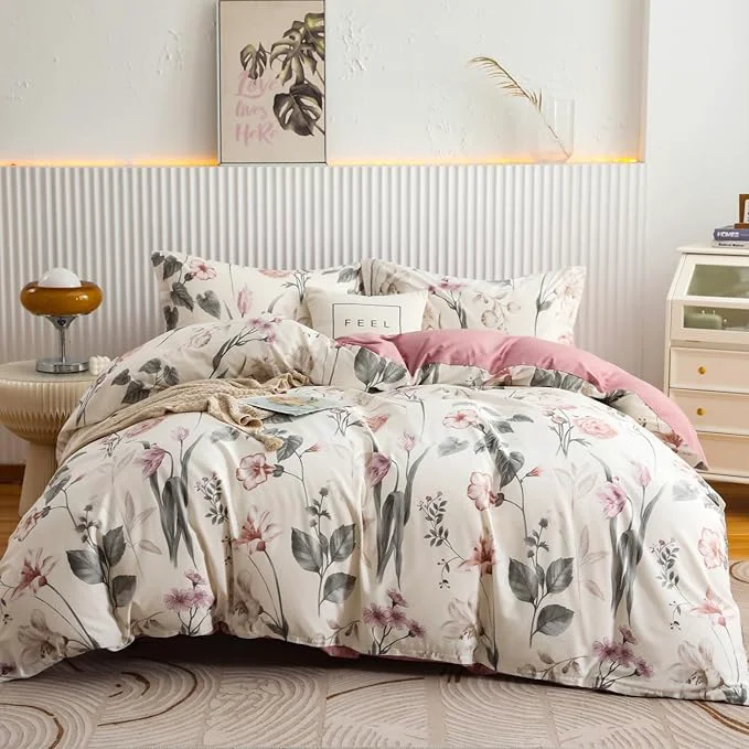 Natural OAITE Duvet Cover Set Twin Size Floral Pattern 600 Thread Count Ultra Soft Long Staple Cotton Duvet Cover Sets 3-PC Breathable Duvet Cover with Zipper Closure amp Corner Ties Enhanced