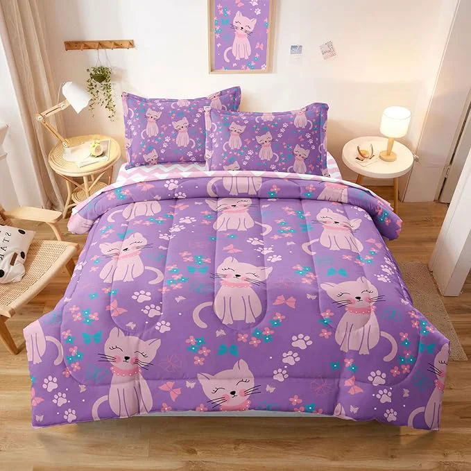 Healthy 5 Piece Girls Cat Comforter Set Twin Size Bed in A Bag Pink Cute Cartoon Cats Bedding Set for Kids Teens 1 Comforter 1 Flat Sheet 1 Fitted Sheet 2 Pillowcases Purple Pink Top-Quality