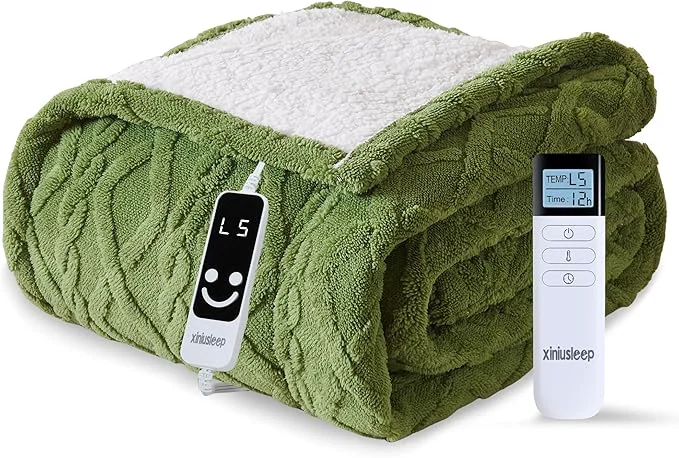 Expertly Made Heated Blanket Electric Blanket 62 quot x84 quot Soft Taffeta Sherpa Electric Throw with 5 Heating Level amp 1-12 Hour Auto Off Heated Throw with Overheating Protection Machine Washable Dark Green Premium