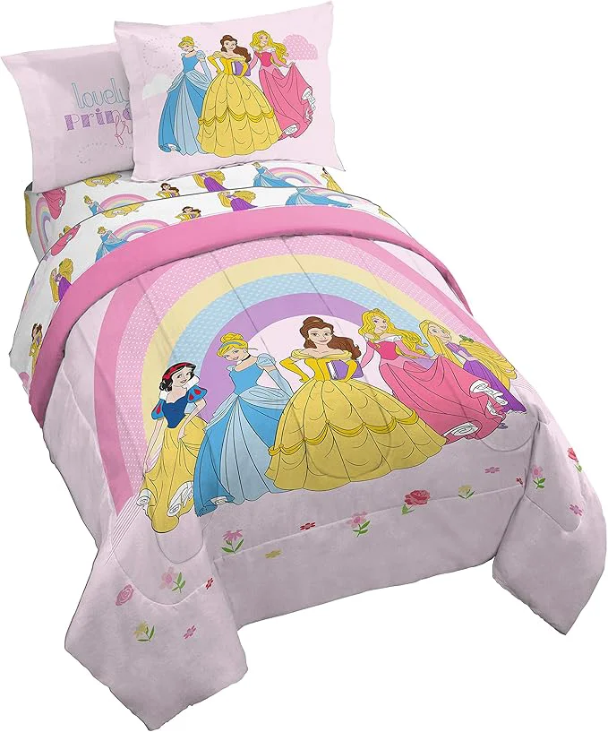 Reusable Jay Franco Disney Princess Rainbow 7 Piece Full Bed Set – Includes Comforter amp Sheet Set – Bedding Features Aurora Belle amp Cinderella – Super Soft Fade Resistant Microfiber Optimized