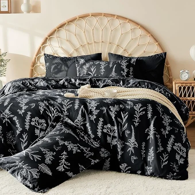 Solid MUXHOMO Duvet Cover Full Size Reversible Floral Black Duvet Cover Set with Zipper Closure 3 Pieces Botanical Patterns Soft Microfiber Bedding Set with 4 Ties 80 quot x90 quot 2 Pillow Cases Crafted