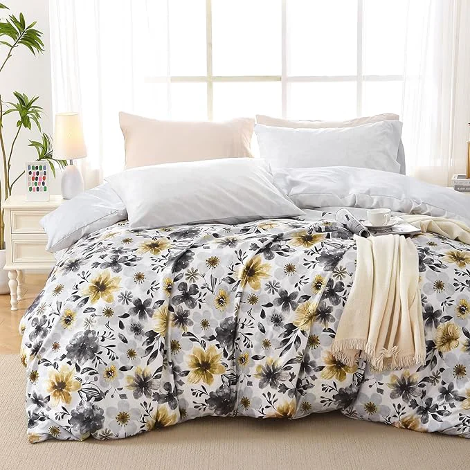 Premium Duvet Cover King Size Reversible Floral Vintage Duvet Cover Set with Zipper Closure 3 Pieces Botanical Patterns Soft Microfiber Bedding Set 90 quot x104 quot 2 Pillow Cases 20 quot ×36 quot Yellow Grey Flower Minimalist