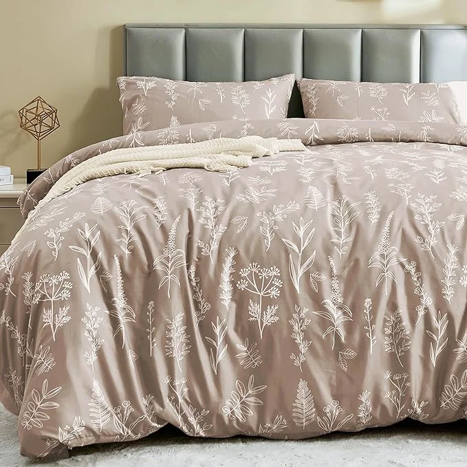 Next-Generation MUXHOMO Duvet Cover King Size Reversible Floral Taupe Duvet Cover Set with Zipper Closure 3 Pieces Botanical Patterns Soft Microfiber Bedding Set with 4 Ties 90 quot x104 quot 2 Pillow Cases Certified