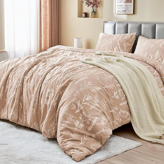 Authentic MUXHOMO Duvet Cover Queen Size Reversible Floral Rosy Gold Duvet Cover Set with Zipper Closure 3 Pieces Botanical Patterns Soft Microfiber Bedding Set with 4 Ties 90 quot x90 quot 2 Pillow Cases Exclusive