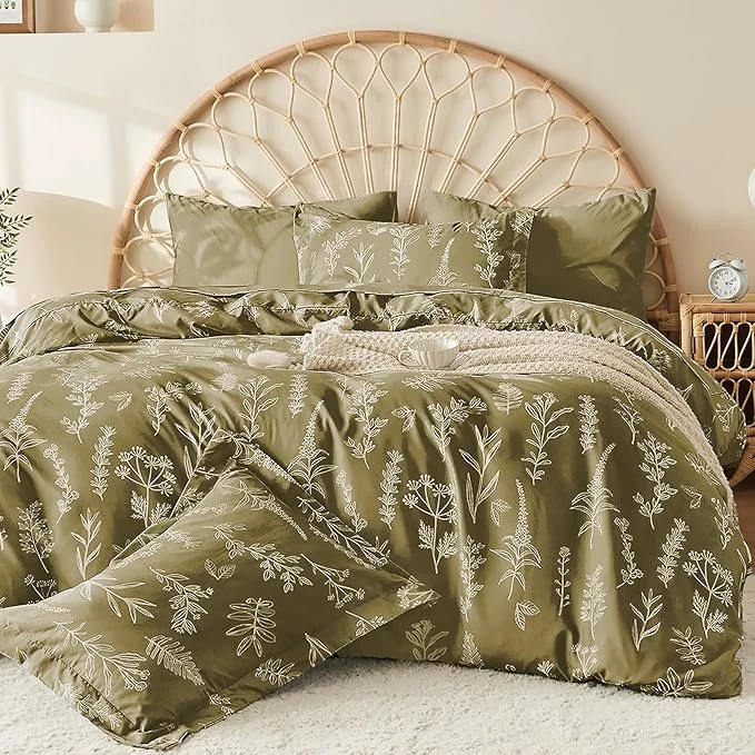 Contemporary MUXHOMO Duvet Cover King Size Reversible Floral Olive Green Duvet Cover Set with Zipper Closure 3 Pieces Botanical Patterns Soft Microfiber Bedding Set 90 quot x104 quot 2 Pillow Cases 20 quot ×36 quot Versatile