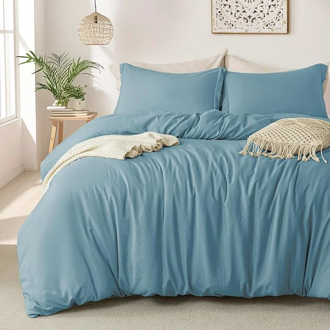 Excellent MILDLY Super Soft Duvet Cover – Washed Microfiber Grayish Blue Comforter Cover Set 3 Pieces with Zipper Closure amp Corner Ties No Comforter Reusable