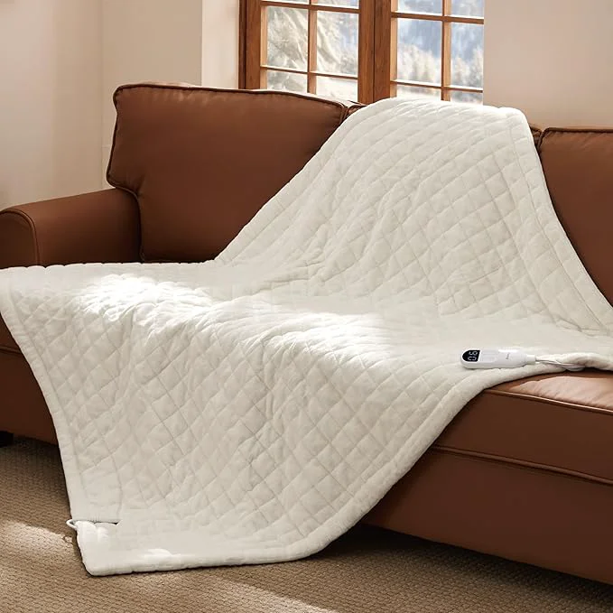 Lightweight Bedsure Heated Blanket Throw Blanket – Quilted Electric Blanket Soft Flannel Thick Heating Blanket with 4 Time Settings amp 6 Heating Settings Warm Gifts for Women Men 50×60 inches Ivory Detailed