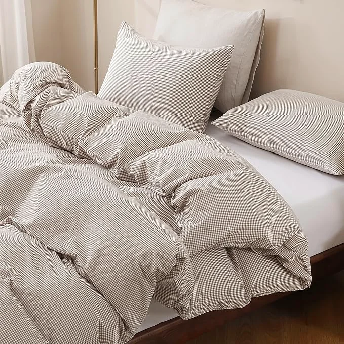 Clean TOCOMOA Mini Gingham Tan Duvet Cover Bedding Set Washed Cotton Like Linen Feel Super Soft Comfy 2 Piece Brown Small Plaid Checkered Fall Comforter Cover Set Twin 68 quot x90 quot Comforter Not Included Easy-to-Use