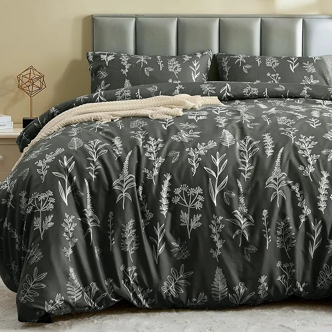 Casual MUXHOMO Duvet Cover Full Size Reversible Floral Dark Grey Duvet Cover Set with Zipper Closure 3 Pieces Botanical Patterns Soft Microfiber Bedding Set with 4 Ties 80 quot x90 quot 2 Pillow Cases Selected