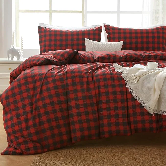 Traditional MUXHOMO Duvet Cover Queen Size Floral Duvet Cover Set with Zipper Closure Red Plaid Bedding Set 3 Pieces 1 Duvet Cover 90 quot x90 quot with 4 Corner Ties and 2 Pillowcases 20 quot x30 quot Relaxed