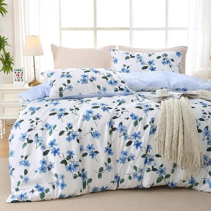 Trendy MUXHOMO Duvet Cover Queen Size Reversible Vintage Floral Duvet Cover Set with Zipper Closure 3 Pieces Botanical Patterns Soft Microfiber Bedding Set 90 quot x90 quot 2 Pillow Cases Large Blue Flower Genuine