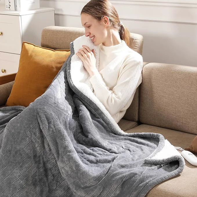 Top-Quality Electric Throw Blanket Heated Throw 50 39 39 x60 39 39 – Wheat Pattern Flannel amp Sherpa Heated Lap Blanket with 5 Heat Settings amp 4-Hour Auto Shut-Off ETL amp FCC Machine Washable Home Use Grey High-End
