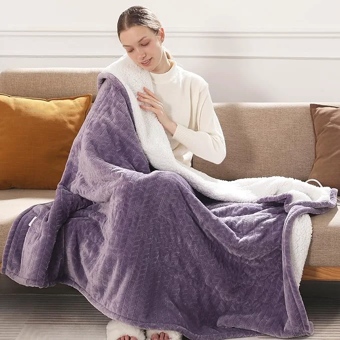 Luxury Electric Throw Blanket Heated Throw 50 39 39 x60 39 39 – Wheat Pattern Flannel amp Sherpa Heated Lap Blanket with 5 Heat Settings amp 4-Hour Auto Shut-Off ETL amp FCC Machine Washable Home Use Lavender Comfortable