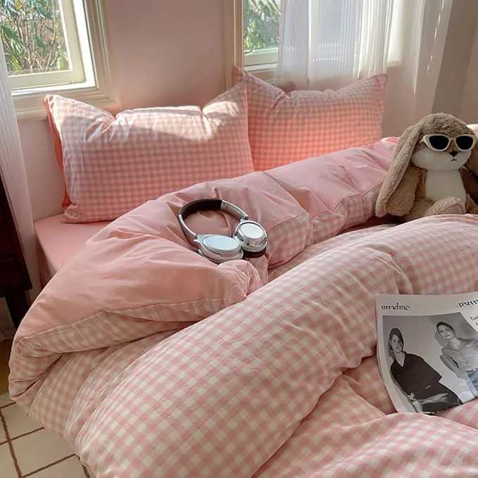 Classic Nayoroom Pink Gingham Duvet Cover Queen Size Reversible Plaid Checkered Duvet Cover 3 Pieces Soft Breathable Washed Microfiber Girls Dorm Bedding Set for All Season Reusable