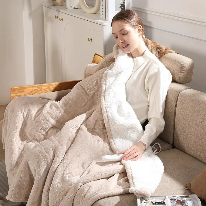 Advanced Electric Throw Blanket Heated Throw 50 39 39 x60 39 39 – Wheat Pattern Flannel amp Sherpa Heated Lap Blanket with 5 Heat Settings amp 4-Hour Auto Shut-Off ETL amp FCC Machine Washable Home Use Beige Long-Lasting