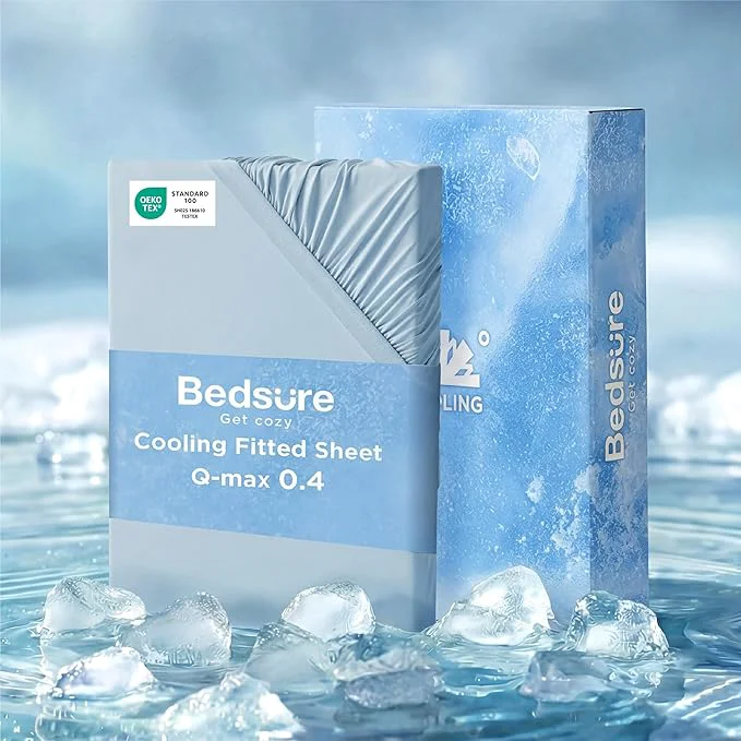 Premium Bedsure Cooling Fitted Sheet Queen Size for Hot Sleeper Queen Fitted Sheet Only with 360° Elastic Band Q-Max 0.4 Temperature Regulation Bedding for Night Sweats 16 quot Deep up to 18 quot Blue Classic