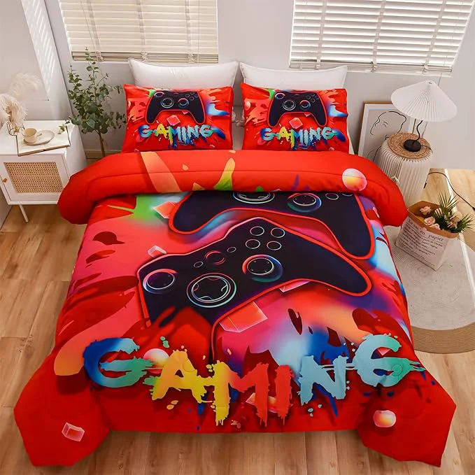 Refined Aimuan Gaming Comforter Sets for Boys Kids Bedding Sets Video Games Console Action Buttons Novelty Colorful Game Gamepad Controller Modern Gamer Room Decor Home Quilt Set Full Red Genuine