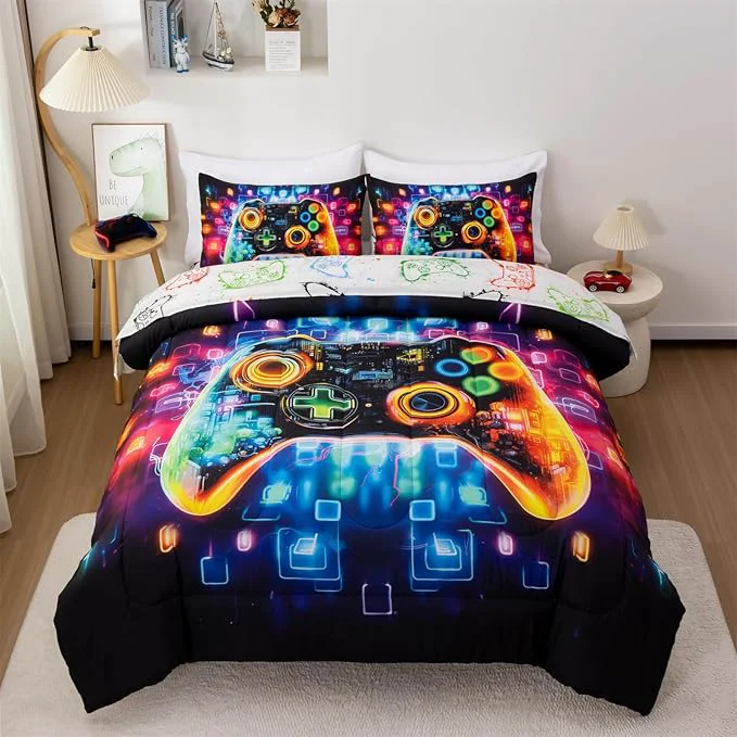 Environmentally Friendly Aimuan Gamer Gaming Bedding Sets 3D Gamepad Comforter Sets for Boys Games Console Action Buttons Novelty Colorful Game Controller Modern Room Decor Home Quilt Set Black-Blue Full Fine Crafted