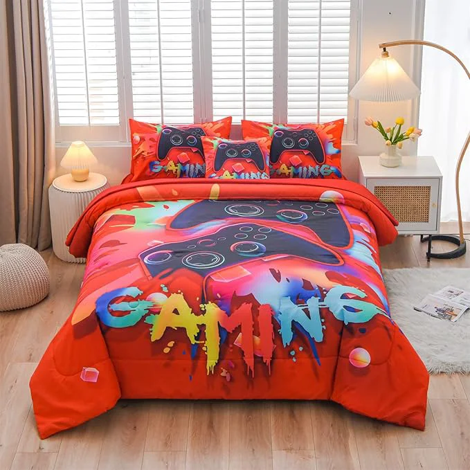 Convenient Aimuan Gamer Gaming Bedding Sets 3D Gamepad Comforter Sets for Boys Games Console Action Buttons Novelty Colorful Game Controller Modern Room Decor Home Quilt Set Red Full 6PCS First-Class