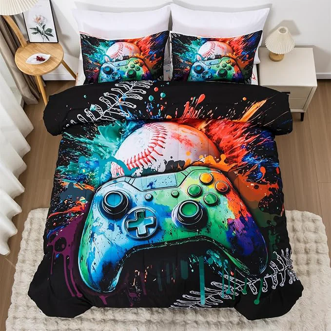Safe Aimuan Gamer Gaming Bedding Sets 3D Gamepad Comforter Sets for Boys Games Console Action Buttons Novelty Colorful Game Controller Modern Room Decor Home Quilt Set Green Twin Verified