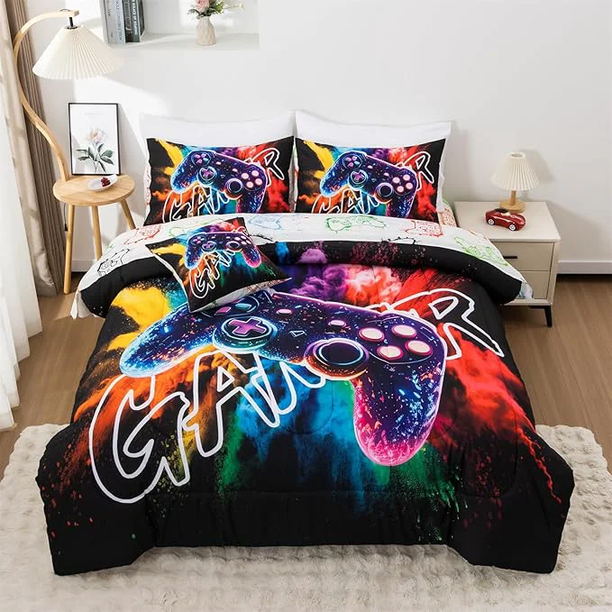 Efficient Aimuan Gamer Gaming Bedding Sets 3D Gamepad Comforter Sets for Boys Games Console Action Buttons Novelty Colorful Game Controller Modern Room Decor Home Quilt Set Black-Purple Twin 6PCS Advanced