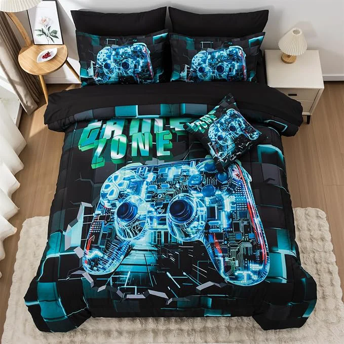 Long-Lasting Aimuan Gamer Gaming Bedding Sets 3D Gamepad Comforter Sets for Boys Games Console Action Buttons Novelty Colorful Game Controller Modern Room Decor Home Quilt Set Cyan Twin 6PCS Top-Quality