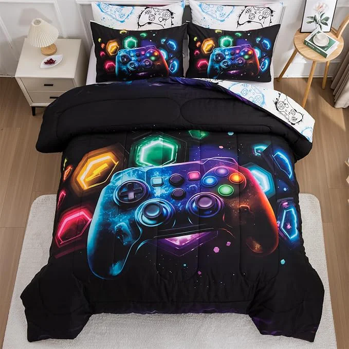 Durable Aimuan Gamer Gaming Bedding Sets 3D Gamepad Comforter Sets for Boys Games Console Action Buttons Novelty Colorful Game Controller Modern Room Decor Home Quilt Set Black-Multi Full 3PCS Powerful
